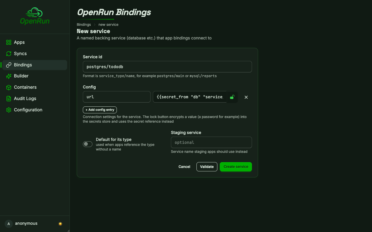 New service form with the connection url stored as a secret