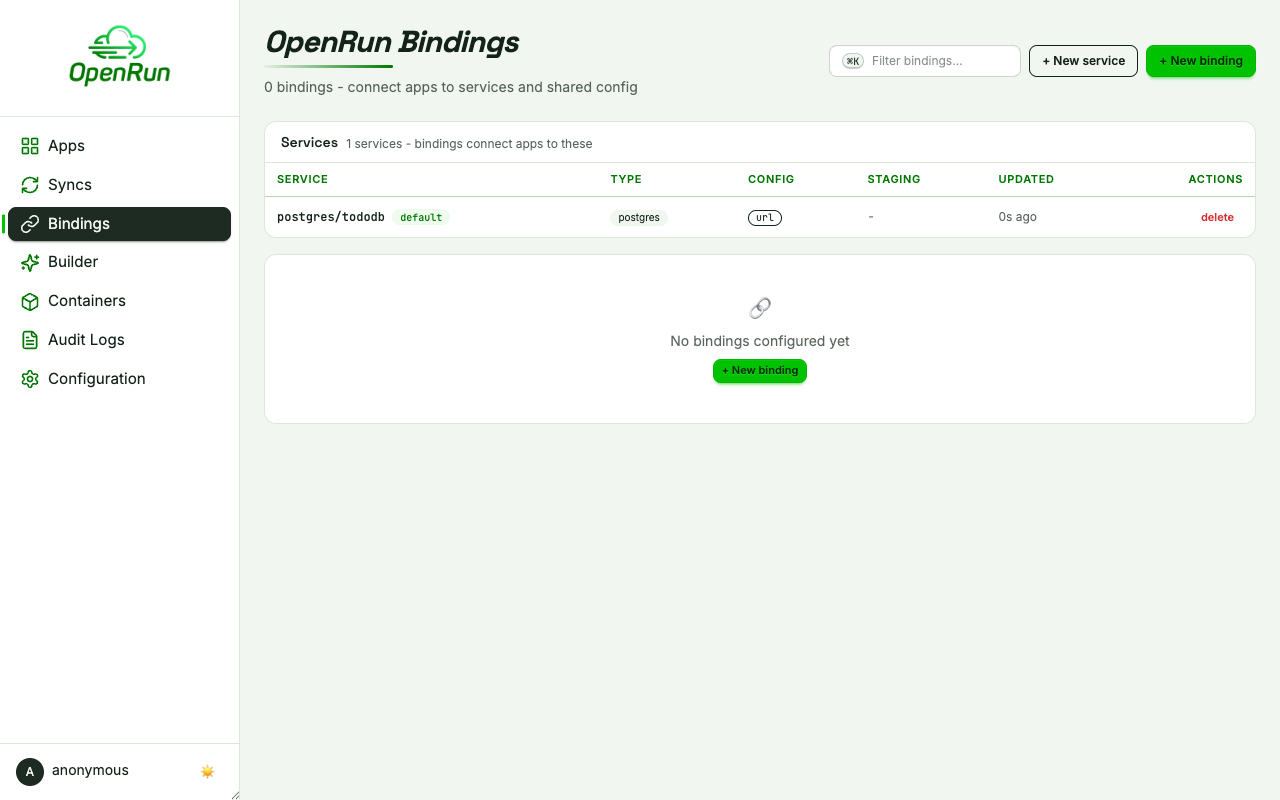 Bindings page listing the postgres service