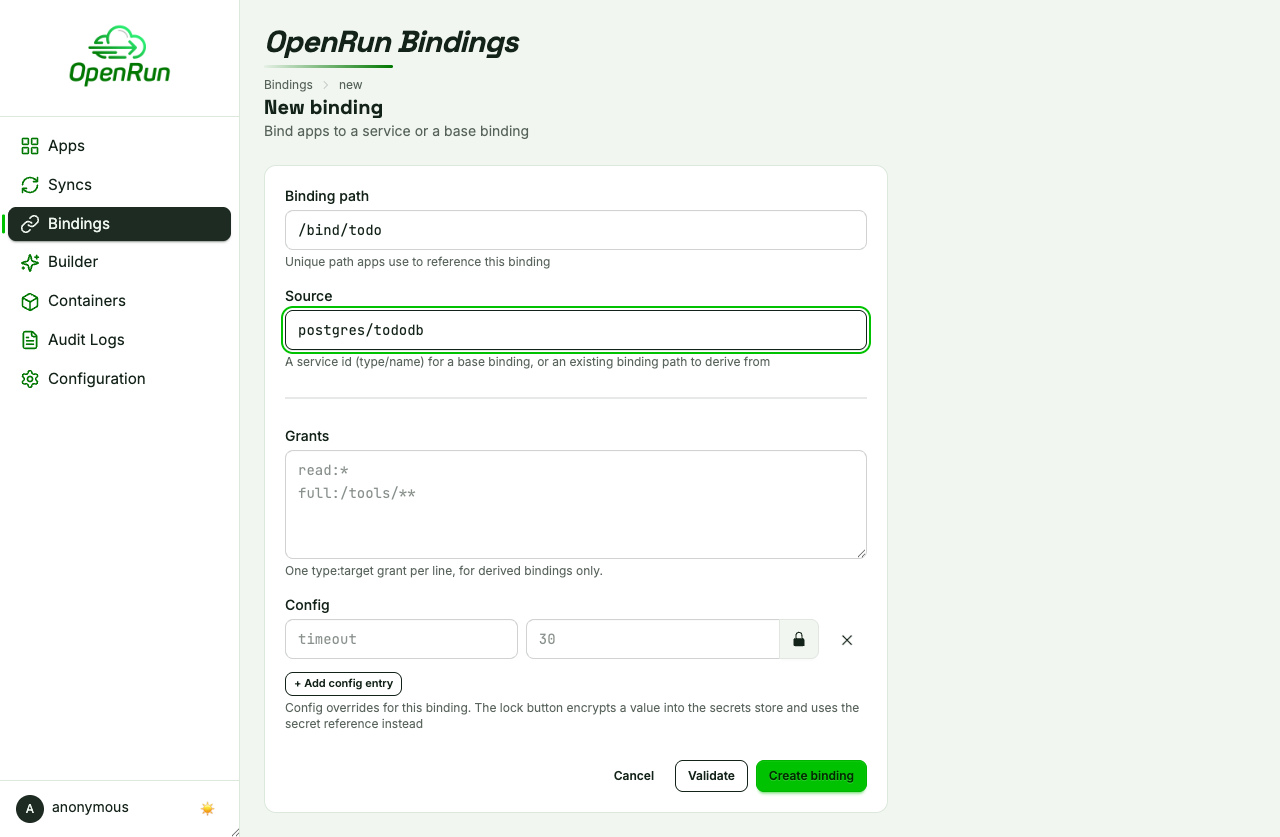 New binding form sourced from the postgres service