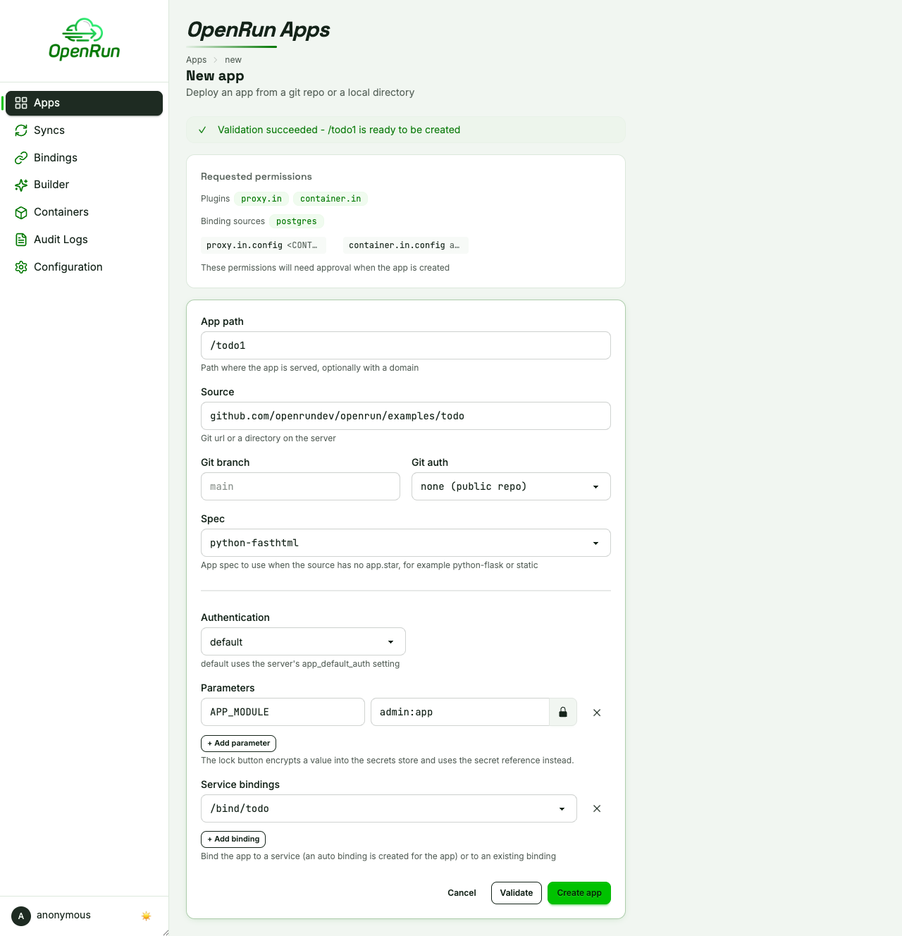 App create form after a successful validate dry run