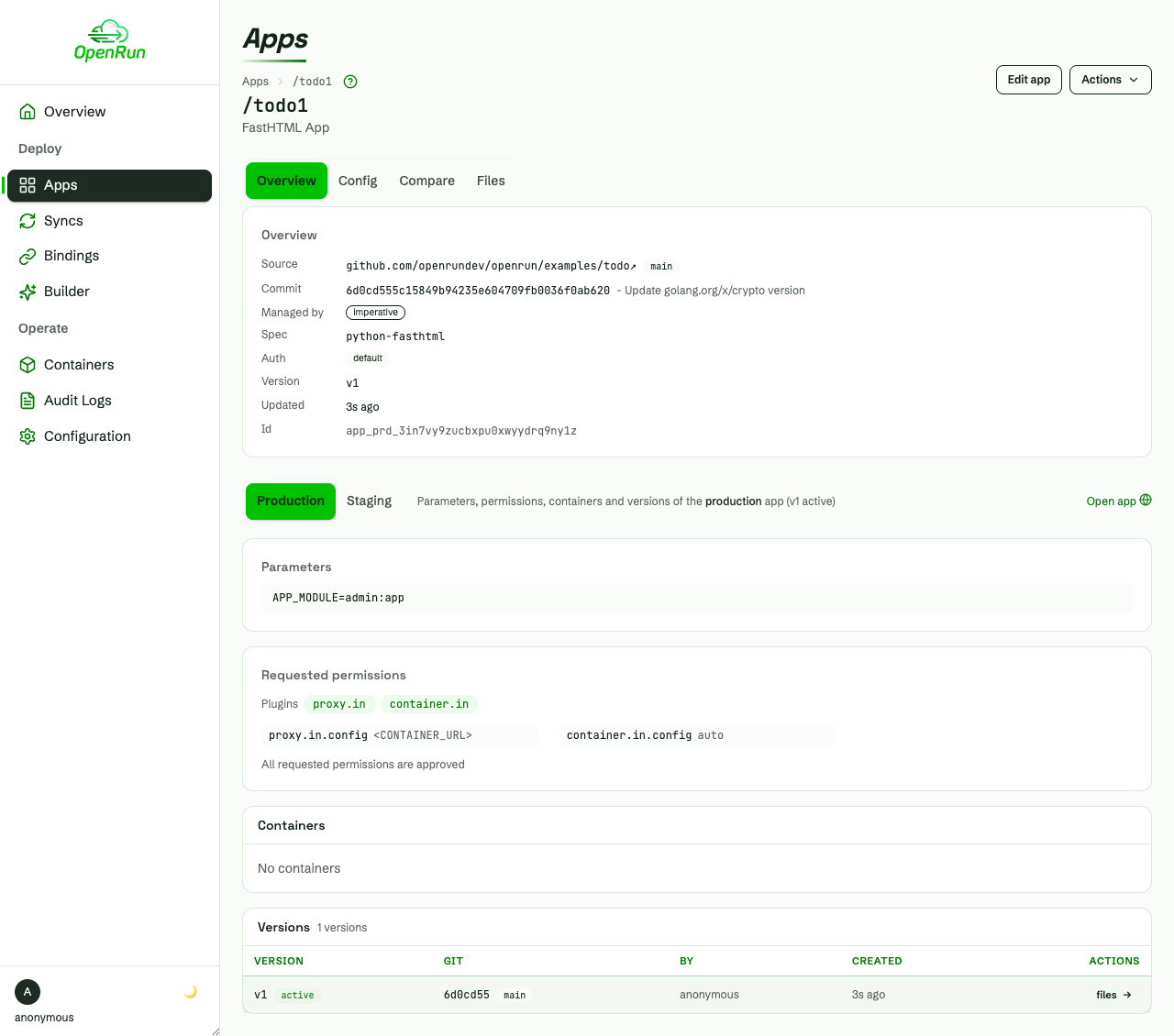 App detail page with versions and permissions