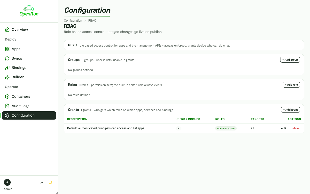 RBAC configuration page before any groups, roles or grants