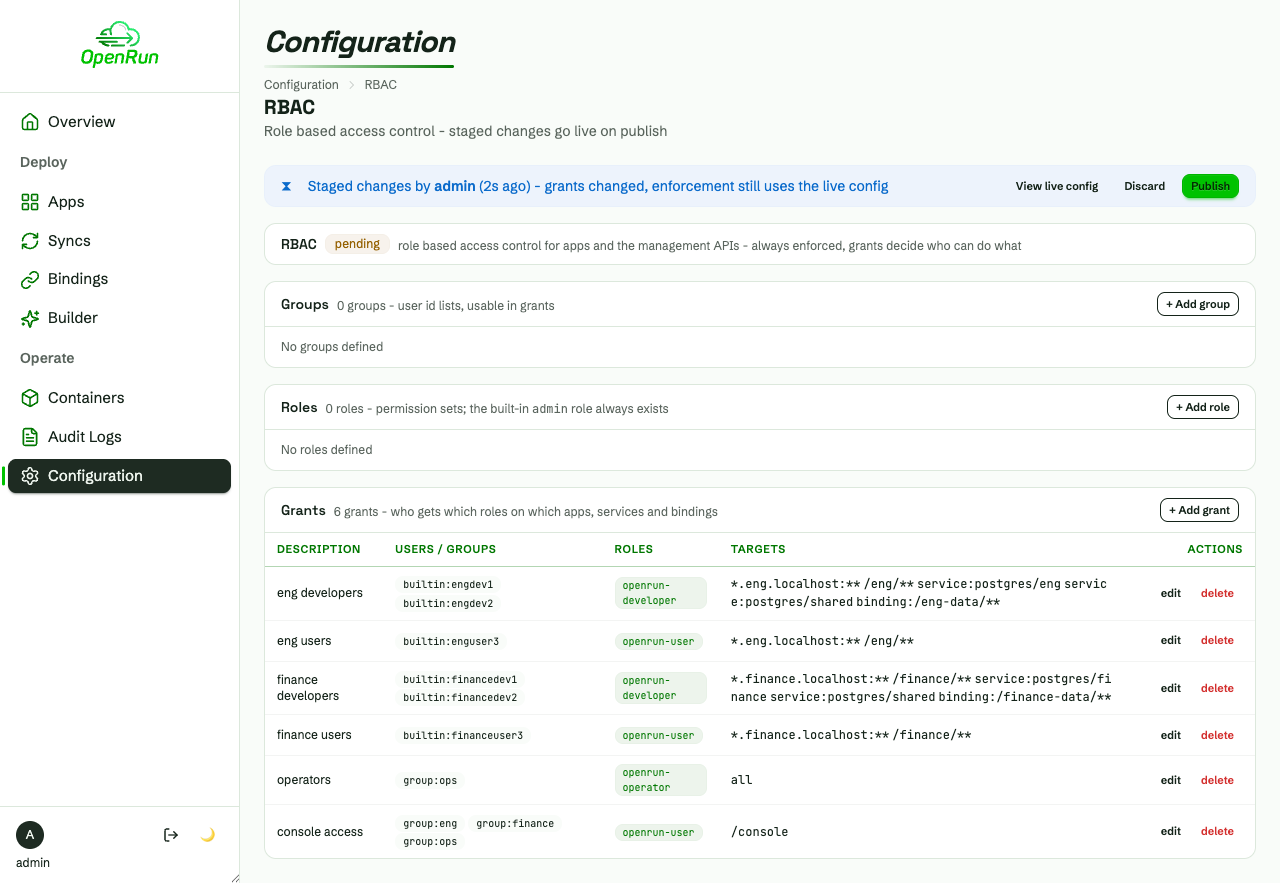 RBAC configuration with all grants staged as a draft